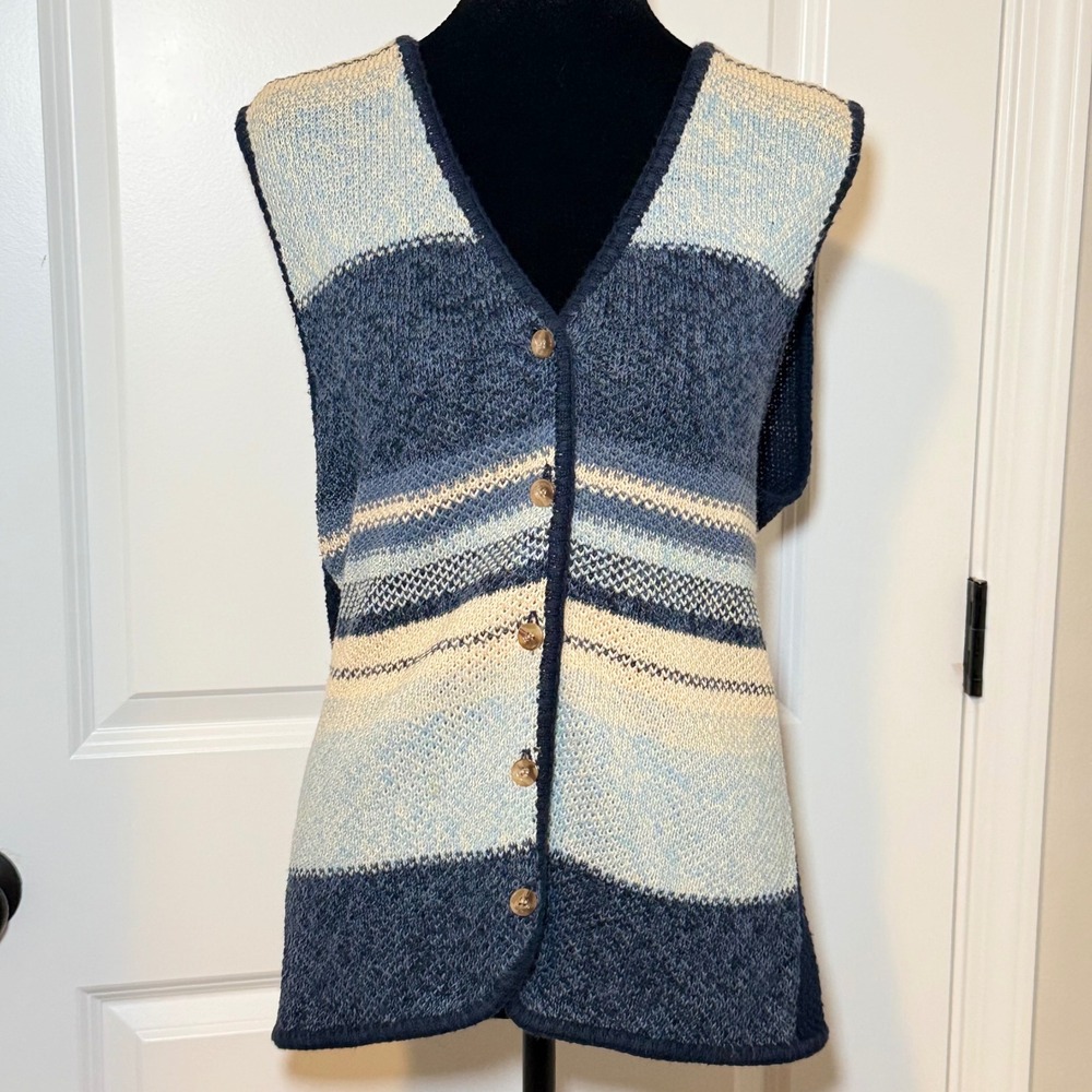 Vintage Gloria Vanderbilt Blue Striped Knit Sweater Vest Size Medium